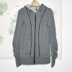 XCVI Sweater Size Small Full Zip Jacket Gray Ruched Hooded Thumbholes Pockets